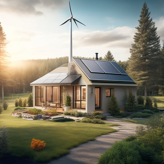 An illustration of a cozy, modern home surrounded by lush greenery, with solar panels on the roof, a wind turbine in the distance, and a geothermal pump system in the foreground.