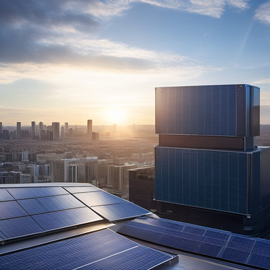 A futuristic rooftop scene with sleek, black solar panels and a modern, silver storage unit in the foreground, surrounded by a cityscape with a bright blue sky.