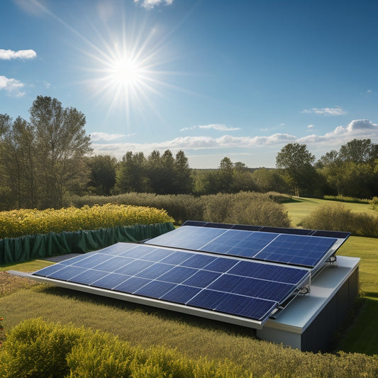A sleek, modern solar panel installation on a rooftop, with high-efficiency black panels featuring subtle silver frames, surrounded by a lush green garden and a clear blue sky with few wispy clouds.