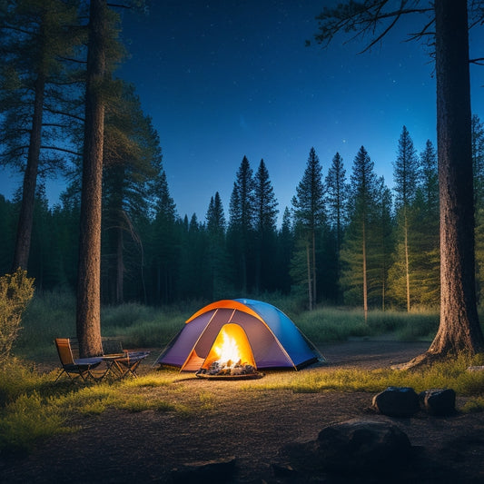 A serene campsite at dusk, featuring a solar panel, a portable generator, and a campfire. Surrounding trees gently sway, while a starry sky illuminates camping gear, inviting a sense of adventure and tranquility.