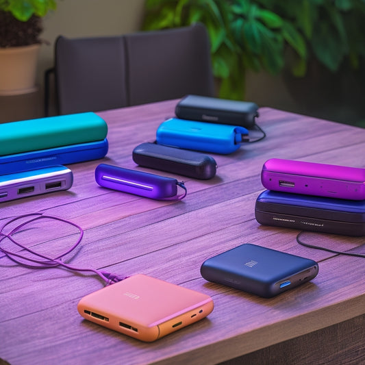 A sleek array of portable chargers in various colors and sizes, displayed on a wooden surface, with smartphones, tablets, and laptops nearby, highlighting connections with glowing charging cables in a vibrant, tech-inspired setting.