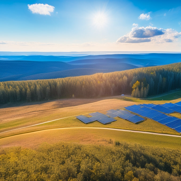 A serene, sun-kissed landscape of a remote area with scattered solar panels, wind turbines, and several modern energy storage units, amidst a sparse forest, under a bright blue sky with a few puffy white clouds.