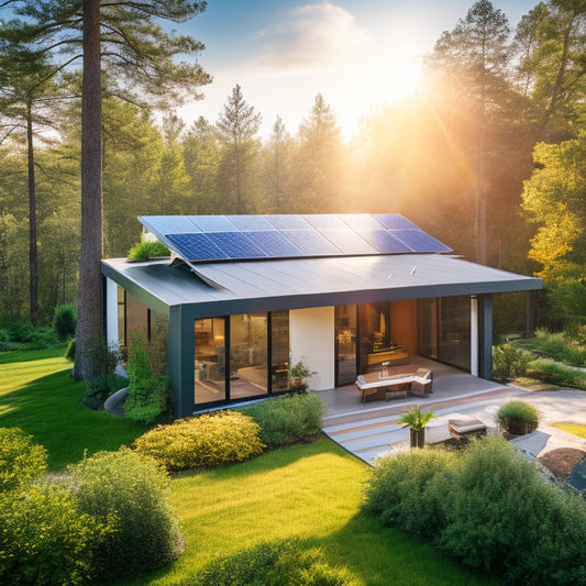 A modern home featuring a sleek solar energy roof, showcasing integrated solar panels blending seamlessly with the architecture, surrounded by lush greenery and sunlight reflecting off the panels, emphasizing energy efficiency and sustainability.