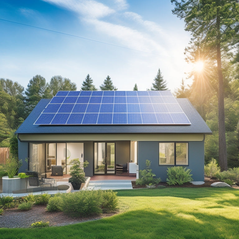 A serene suburban home with a sleek, modern roof, partially covered in a mosaic of high-efficiency solar panels in various sizes, surrounded by lush greenery and a clear blue sky.