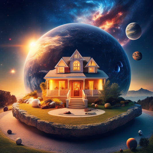 A stylized illustration of a residential house with a miniature, glowing solar system orbiting around it, complete with planets, asteroids, and a bright, fiery sun at its center.