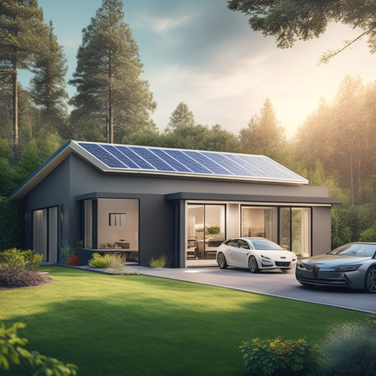 A photo-realistic illustration of a modern home with solar panels on the roof, a sleek battery system in the garage, and a futuristic control panel on the wall, surrounded by lush greenery.