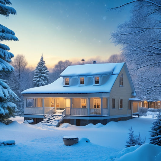A serene winter landscape with a snow-covered house featuring dirty solar panels, icicles hanging from the eaves, and a ladder leaning against the roof, surrounded by snowflakes gently falling.