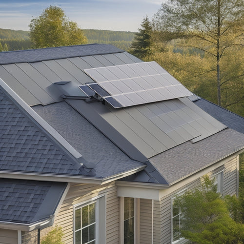 A close-up of a modern residential roof with a grey asphalt shingle gable, featuring a sleek, silver solar panel mounted at a 30-degree angle, with sleek black clamps and thin metal rails.