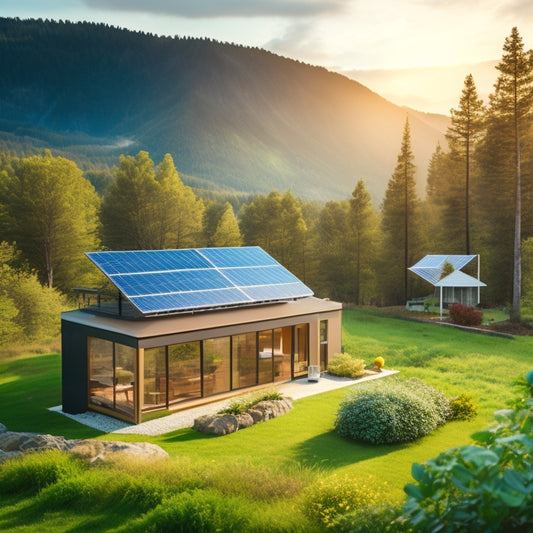 A serene, modern off-grid home surrounded by lush greenery, with a large solar panel array on the roof, a wind turbine in the distance, and a battery storage system visible through a window.
