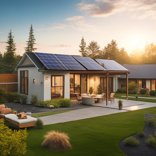 A serene backyard scene with a modern solar panel array on the roof, a compact wind turbine in the corner, and a sleek inverter system installed on the exterior wall of a sustainable home.