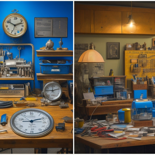 A split-screen image: on the left, a cluttered workspace with scattered tools, wires, and panels, with a clock in the background showing 5 o'clock; on the right, a tidy workspace with organized tools, a streamlined process, and a clock showing 3 o'clock.