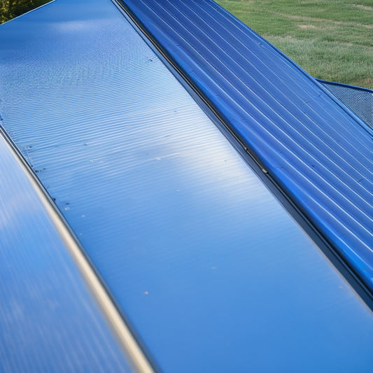 A close-up of a standing seam roof with clamp mounts securing solar panels, showcasing the sleek, metallic curves of the clamps and the seamless integration with the roof's ridges.