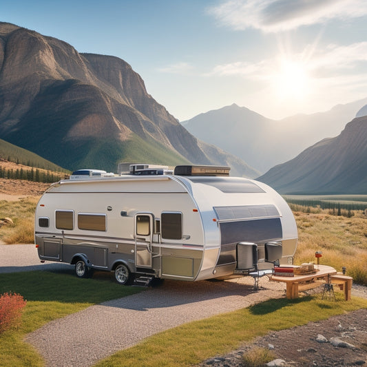 An RV's curved roof with a mix of standard and custom solar panels, some with rusty bolts and others with sleek, anodized aluminum clamps, amidst a serene, sunny mountainous landscape.