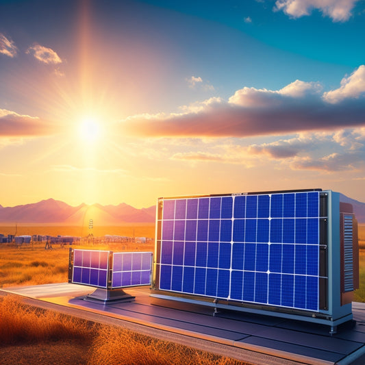 A futuristic illustration of a solar panel array with a battery bank in the background, featuring a large battery cell with a balance scale on top, surrounded by sparks and electrons in motion.