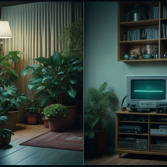 A split-screen image featuring a cluttered, dimly lit room with outdated electronics versus a modern, well-lit space with sleek, compact home battery systems and a few green plants.