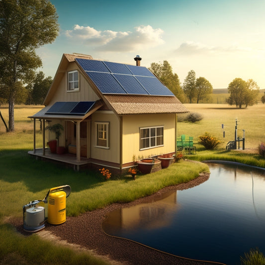 An illustration of a rural homestead with a well pump system, showcasing a solar panel array on the roof, connected to a battery bank and inverter, powering a submersible well pump.
