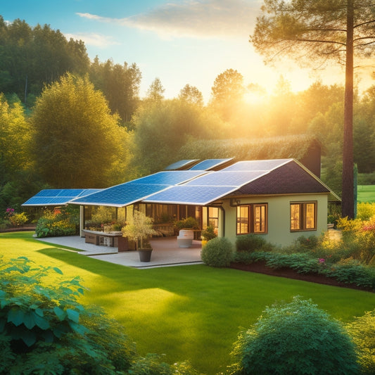A serene outdoor scene featuring various solar power generators in action, surrounded by lush greenery, with sunlight glinting off the panels, and a cozy home in the background, evoking a sense of reliability and sustainability.