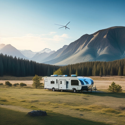 A serene landscape featuring a sleek, modern RV parked in a remote wilderness area, surrounded by trees and a distant mountain range, with a prominent solar panel array and wind turbine installed on the roof.