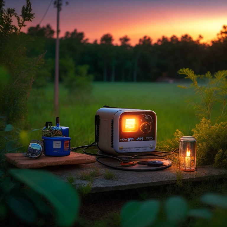 A serene off-grid setup at dusk, featuring a battery bank with multicolored wires, a voltage meter, and a hydrometer, surrounded by lush greenery and a faint sunset glow.