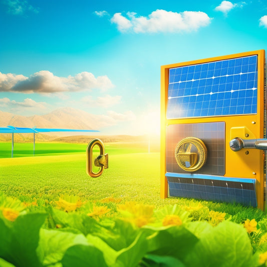 A stylized illustration of a key unlocking a green padlock, surrounded by solar panels, wind turbines, and green leaves, set against a bright blue sky with a subtle gradient of sunny yellow to orange.