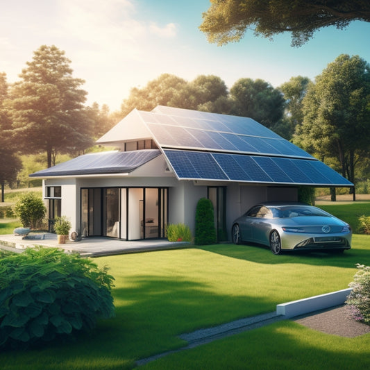 A futuristic, modern home with solar panels on the roof, a wind turbine in the backyard, and a battery bank in the garage, surrounded by lush greenery and a sunny sky.