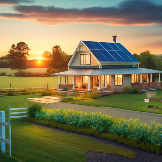 A serene, modern rural homestead at dawn, with a solar panel array on the roof, a small wind turbine in the distance, and a lush green garden surrounded by a white picket fence.
