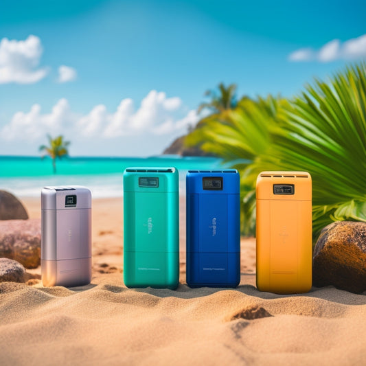 A collection of sleek, modern waterproof power banks displayed on a sandy beach, splashes of water around them, with vibrant tropical plants in the background and sunlight reflecting off the water.
