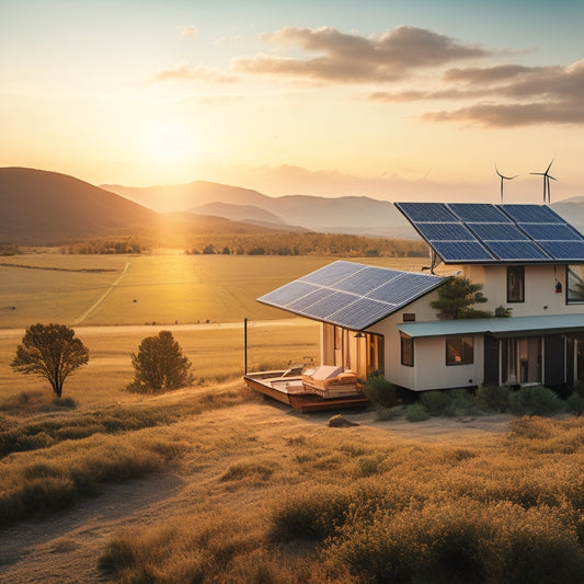 A serene, sun-kissed landscape with a small, modern off-grid cabin in the distance, surrounded by solar panels, wind turbines, and a variety of battery charging systems in the foreground.