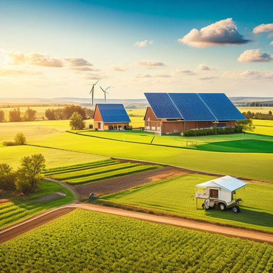 A serene rural landscape with a large solar panel array and wind turbines in the distance, surrounded by lush green fields and a few rustic farm buildings under a bright blue sky.