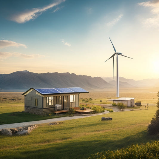 A serene, sun-drenched landscape with a cluster of eco-friendly cabins in the background, and a large, sleek battery bank with solar panels and wind turbines in the foreground.