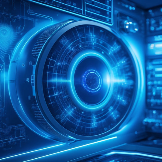 A futuristic illustration depicting a digital dashboard with glowing blue circuitry, surrounded by swirling electrons, batteries, and renewable energy symbols, set against a dark blue gradient background.