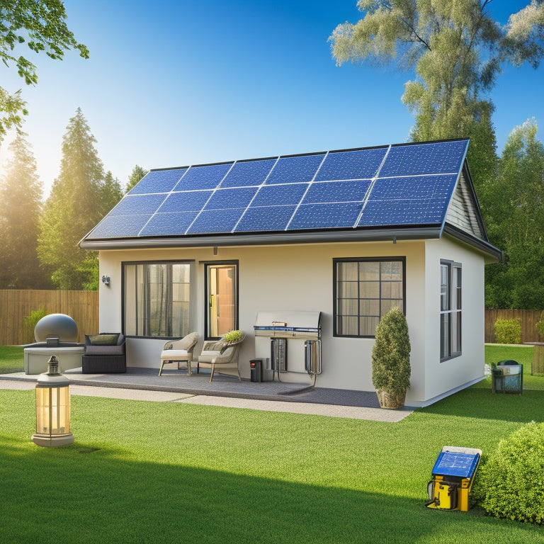 An image of a home with solar panels, a battery bank, an inverter, and a backup power system, with wires and cables connecting each component in a secure and organized manner.