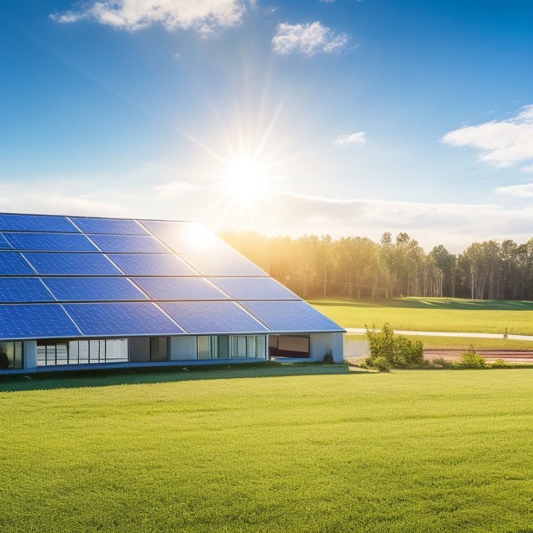 A vibrant solar panel array glistening under a clear blue sky, surrounded by lush green fields. Sunlight reflects off the sleek monocrystalline panels, showcasing their efficiency while a modern home stands in the background.