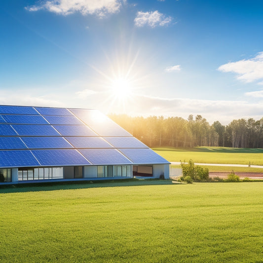 A vibrant solar panel array glistening under a clear blue sky, surrounded by lush green fields. Sunlight reflects off the sleek monocrystalline panels, showcasing their efficiency while a modern home stands in the background.