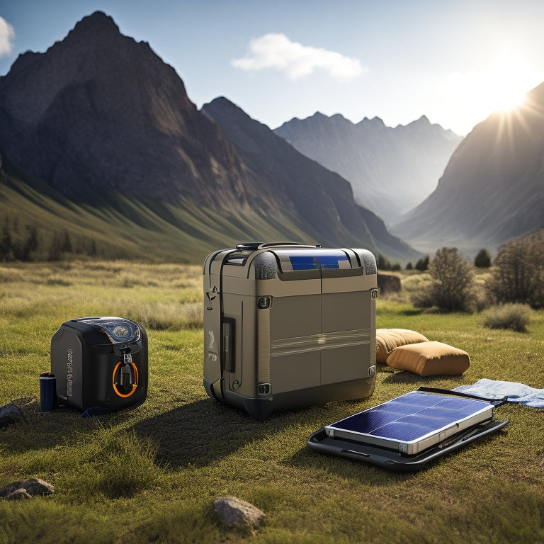 A portable solar power generator with folding solar panels, a compact battery pack, and multiple USB ports, set against a serene mountain landscape with a camping tent in the background.