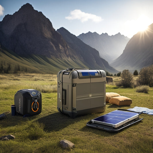 A portable solar power generator with folding solar panels, a compact battery pack, and multiple USB ports, set against a serene mountain landscape with a camping tent in the background.