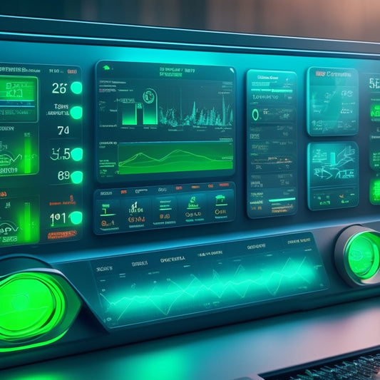 A futuristic dashboard displaying a solar panel array with flashing green lights, surrounded by sleek graphs and charts, with a subtle grid background and a prominent battery icon at the center.