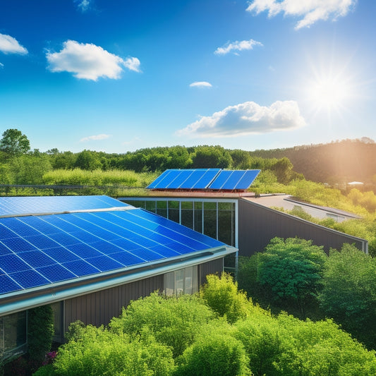 A vibrant rooftop scene featuring sleek metal roof solar panels glistening under the sun, surrounded by lush greenery, with blue skies and fluffy clouds, showcasing the harmony between renewable energy and modern architecture.