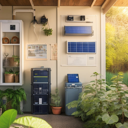 A serene, well-organized solar battery storage room with neatly arranged batteries, tools, and a calendar on the wall, surrounded by lush greenery and soft, warm lighting.