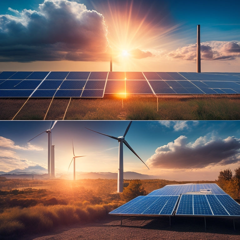 Create a split scene: on one side, a vibrant solar panel array under a bright sun, and on the other, a smoky power plant with dark clouds above, showcasing contrasting energy sources and their environmental impacts.