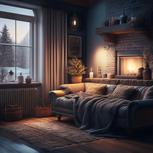 An illustration of a cozy living room with a warm glow, contrasted with a dark and icy outdoor scene, featuring frozen pipes, snow-covered windows, and a thermometer with a low temperature reading.