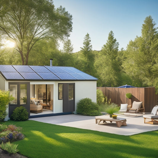 A sunny backyard with a sleek, modern solar panel array on the roof, connected to a smart inverter and battery storage system, surrounded by lush greenery and a few solar-powered gadgets.
