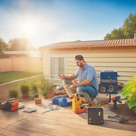 A sunny backyard with a DIY enthusiast assembling a solar panel kit on a rooftop, surrounded by tools and instruction manuals, with a partially completed installation in the background.