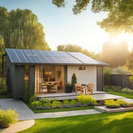 A serene, sunny backyard with a sleek, black solar panel array mounted on a modern roof, connected to a compact, silver backup power system with a subtle glow.