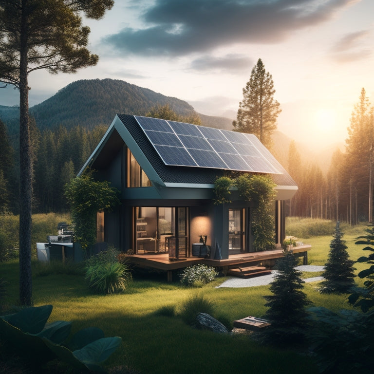 A futuristic, high-contrast illustration featuring a sleek, modern off-grid cabin surrounded by lush greenery, with a prominent, glowing battery bank and advanced inverter system at its center, amidst a backdrop of solar panels and wind turbines.