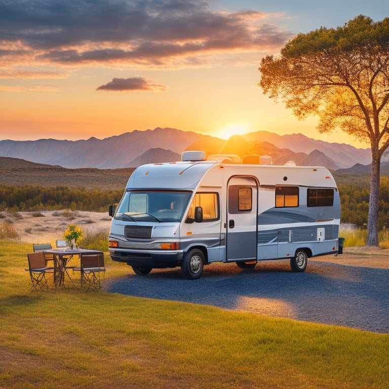 A serene, sun-kissed RV parked in a scenic campsite, with sleek, high-efficiency solar panels on the roof, and a modern, compact inverter visible through an open compartment door.