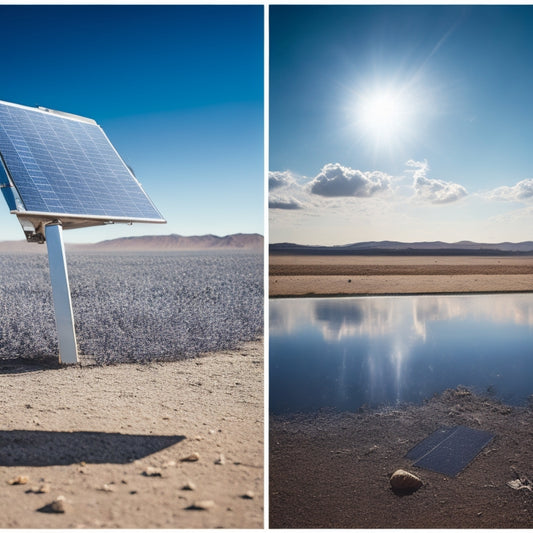 A split-screen image featuring a dirty solar panel with dust and debris, contrasted with a sparkling clean panel, set against a clear blue sky with a few wispy clouds.