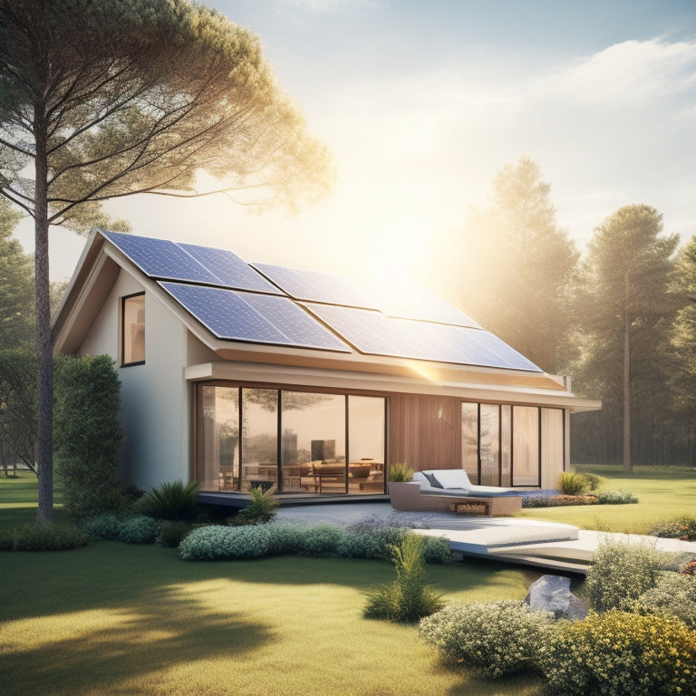 A serene illustration of a modern house surrounded by orbiting solar panels, with gentle sunlight rays and subtle planetary shadows, blending technology and nature in harmony.