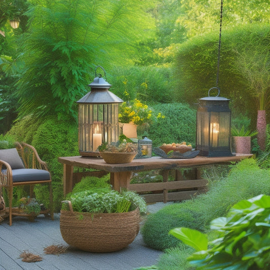 A serene garden scene featuring eco-friendly decor: bamboo furniture, recycled glass lanterns, vibrant potted herbs, a wooden compost bin, and lush greenery intertwined with wildflowers, creating a harmonious outdoor oasis.