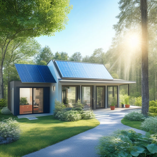 An illustration of a modern, eco-friendly home with solar panels on the roof, a greenery-covered exterior wall, and a recycling bin on the porch, surrounded by lush trees and a bright blue sky.